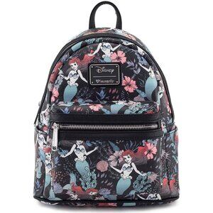 NWT Ariel Little Mermaid Black Floral Mini Backpack Loungefly Disney